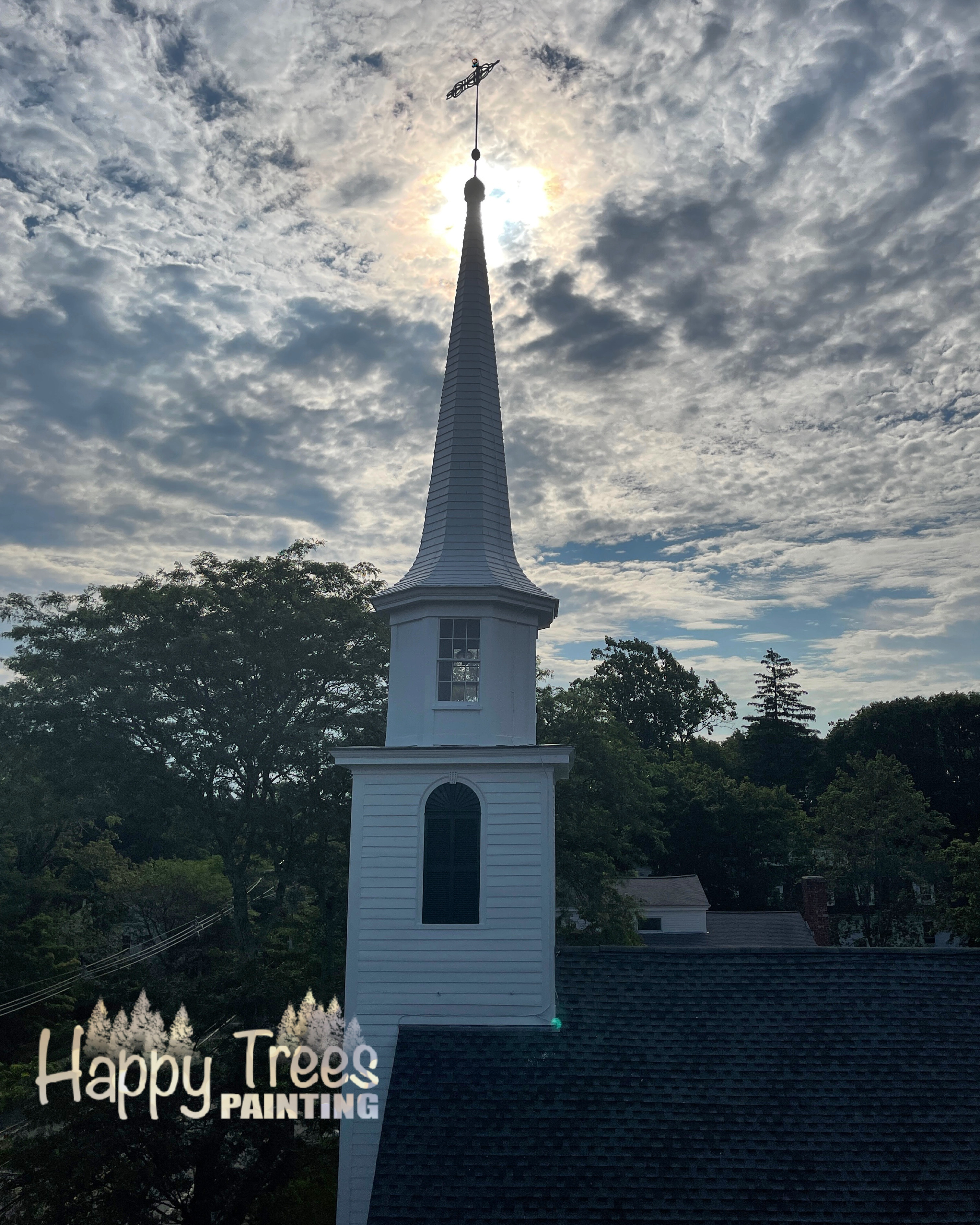 Historic church steeple exterior painting project in South County Rhode Island